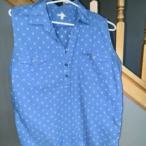 Talbots light Blue & White Geometric Pattern 3/4 Button   Sleeveless Shirt  sz L